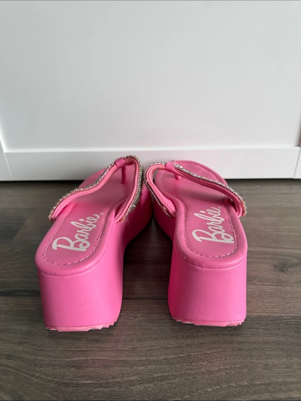 Forever 21 Barbie Pink Rhinestone Platform Flip Flops